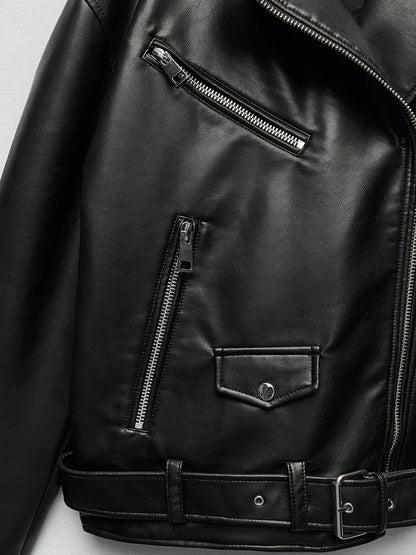 Women Loose Motorcycle Biker Black Pu Faux Leather Jacket with Belt Spring Autumn Female Zipper Coat Outwear 2025