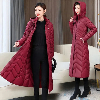 Women 2023 New Winter Long Plaid Parkas Loose Thicken Warm Hooded Coats Casual Zip Up Windproof Black White Down Jackets