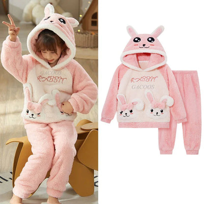 Pigiama invernale caldo per ragazzi con animali dei cartoni animati, set pigiama per bambini in pile di corallo, completo da casa in flanella con cappuccio, pigiama per ragazzi