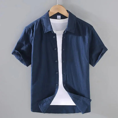 Camicia da uomo in cotone e lino a maniche corte, estiva, stile streetwear, tinta unita, collo alto, casual, stile spiaggia, taglie forti dalla M alla 3XL