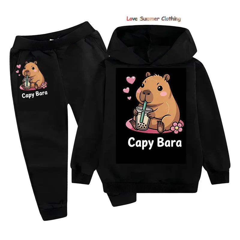Set di 2 pezzi per bambine con felpa e pantaloni da jogging con stampa capibara, completo comodo per bambini, abbigliamento da gioco con capibara, lavabile in lavatrice, completo sportivo coordinato per tutti i giorni per ragazzi.