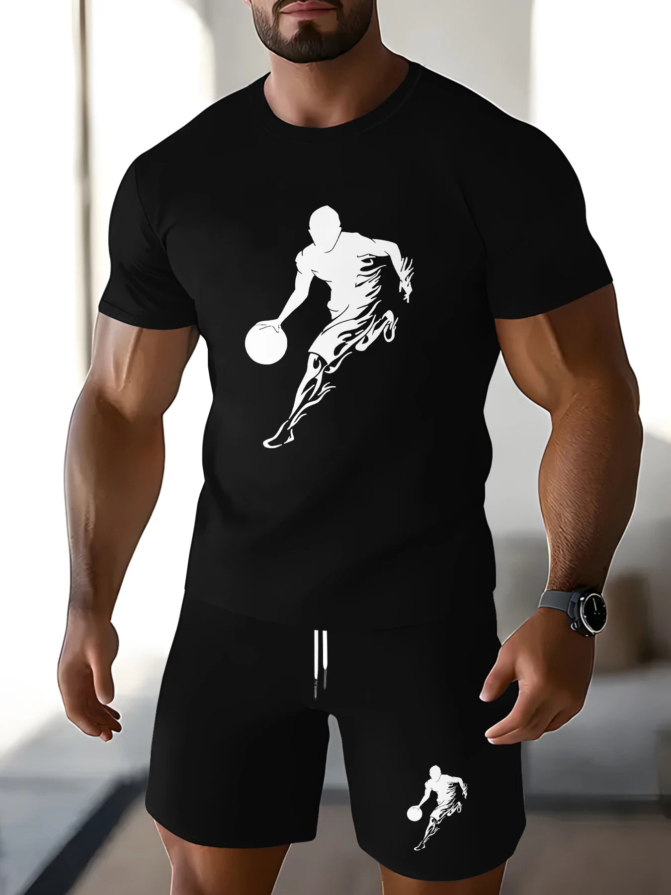 Boys' Everyday Versatile Outfit: White Basketball Print T-Shirt and Shorts, Comfortable Two-Piece Set for Going Out