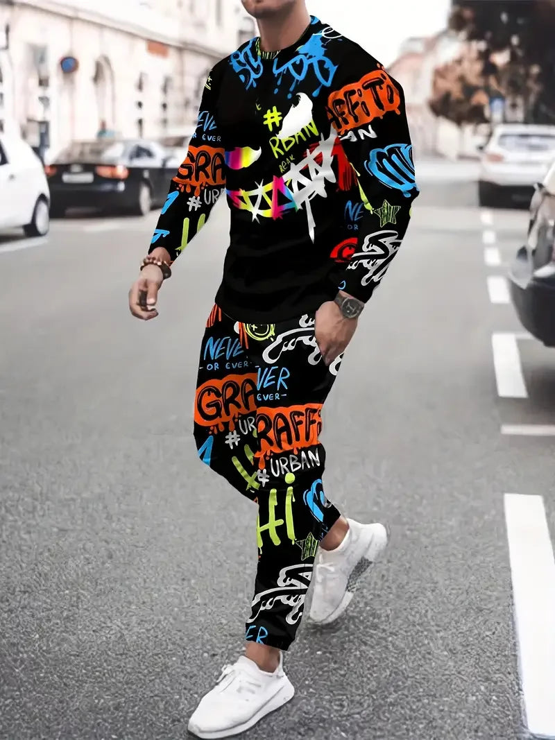 Popular Men's Long Sleeve T-Shirts Pants Set Fashion 3D Print Men Sportswear Man Clothes Street Tracksuit Jogger 2 Piece Outfits