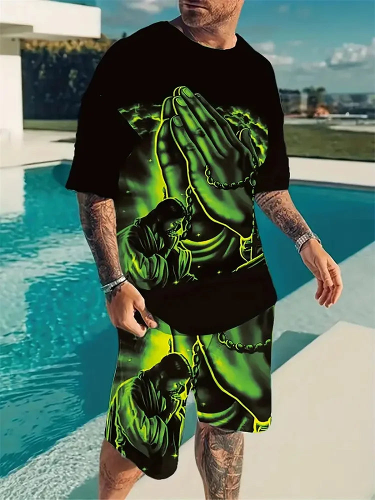 T-shirt casual a maniche corte per vacanze, pantaloncini da strada per esterni, set di pantaloncini estivi da uomo a maniche corte, set da uomo con stampa teschio, modello alla moda