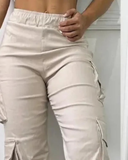 Pantaloni da lavoro elasticizzati a vita alta con tasche, tinta unita, da donna