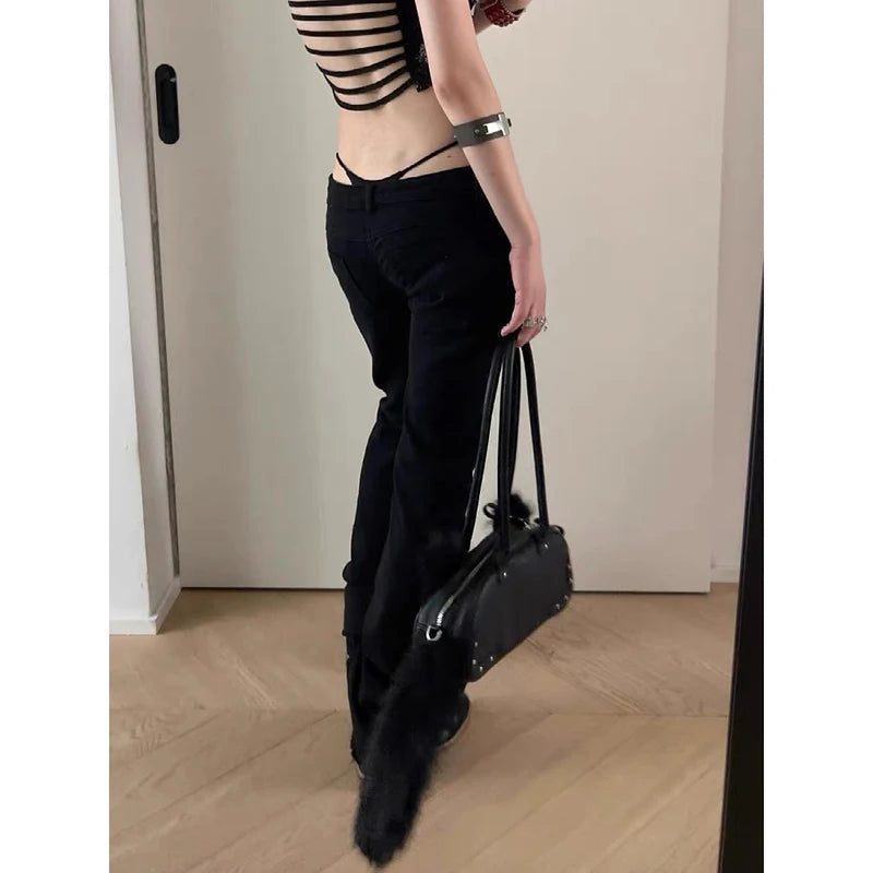 ZHIZOU Jeans da donna a vita bassa, neri, svasati, in denim, stile Gyaru, retrò americano, coreano, cyberpunk, a tromba, jeans skinny a campana, stile Y2k