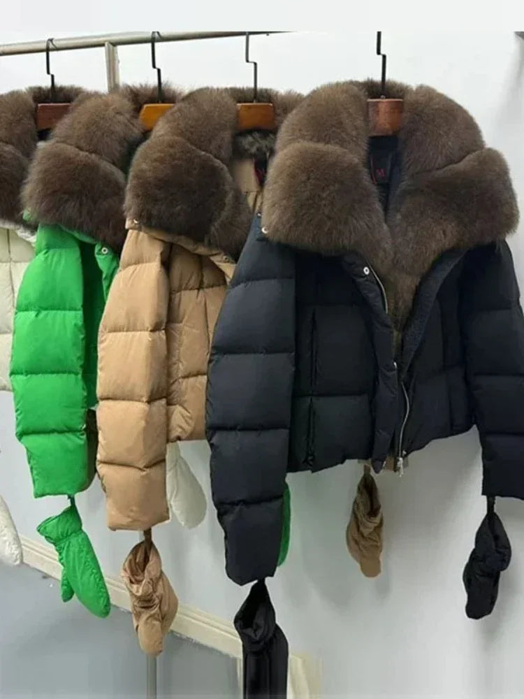 Cappotto in piumino d'oca con collo in pelliccia di volpe naturale, giacca di lusso in pelliccia, parka casual caldo da donna, giacca imbottita in vera pelliccia
