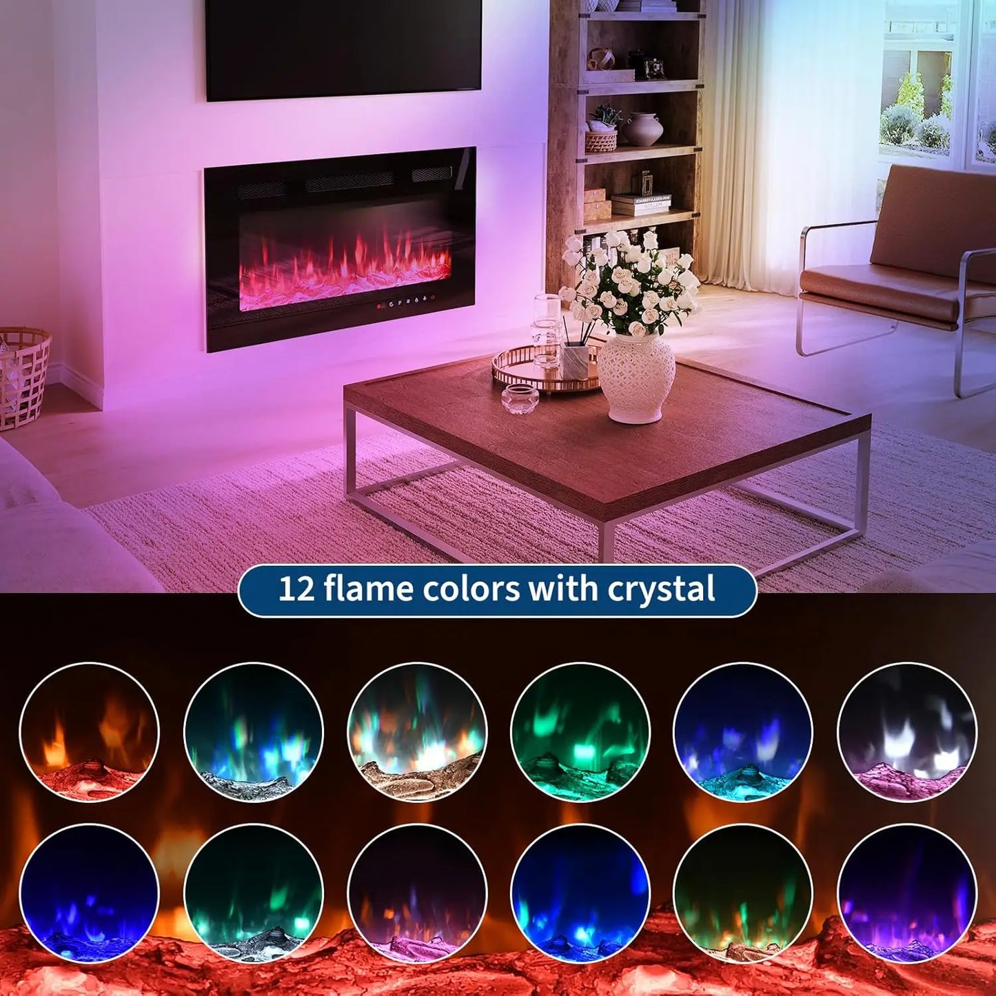 Caminetto elettrico a parete ultrapiatto con telecomando, riscaldatore da 1800 W, 12 colori, timer fino a 12 ore/vetro temperato
