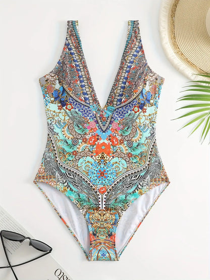 Sexy Print V-Neck One-Piece Bikini Swimwear Thermal Spring Vacation Women's Fashionable Trendy Swimsuit with Strap