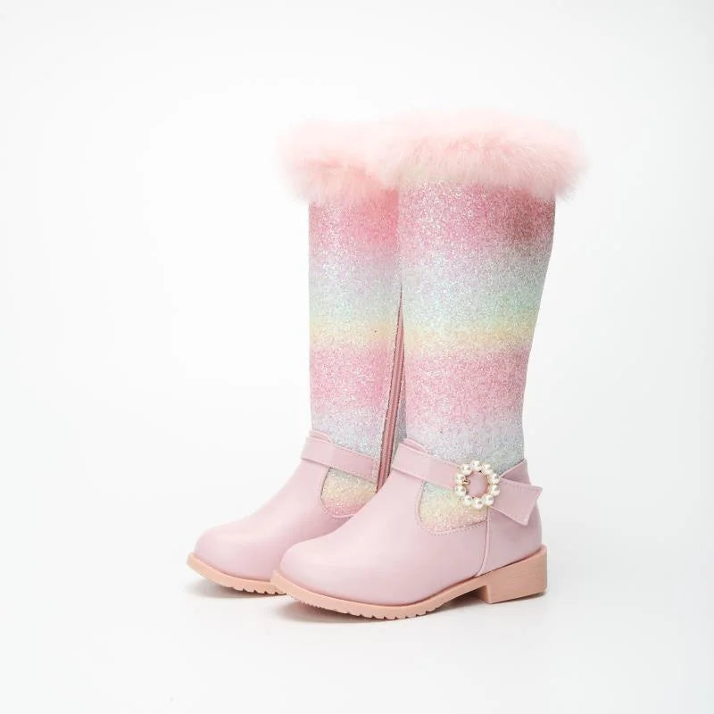 Nuovi stivali rosa da bambina per l'autunno/inverno 2023, modello principessa arcobaleno, lunghezza al ginocchio, con pelliccia sintetica.