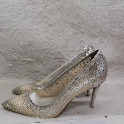 Scarpe con tacco alto sexy in rete con strass e patchwork, décolleté con tacco glitterato color champagne, scarpe da sposa con cristalli scintillanti.