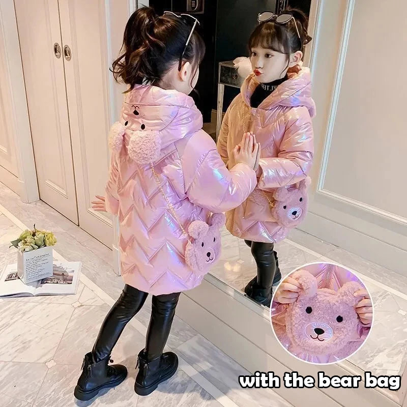 4 5 6 7 8 9 10 11 12 anni Giacca invernale da bambina imbottita Tieni al caldo Simpatico orsetto alla moda Cappotto con cappuccio Piccola principessa Abbigliamento per bambini