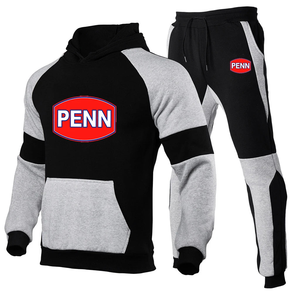 Penn Fishing Reel 2023 Men New Sets Spring and Autumn Brand Popular Print Fashion Color Matching Hoodie + Pants Two-piece Set