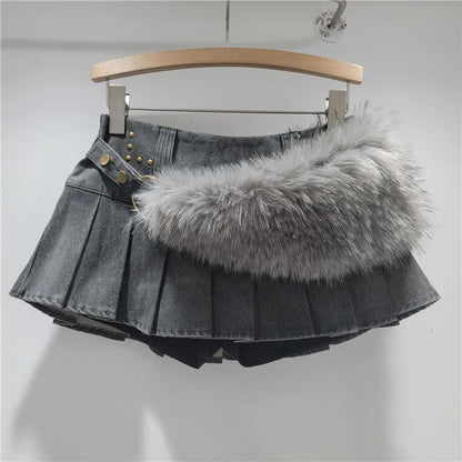 Sexy Low Waist Fuzzy Furry Blet Mini Skirt 2026 New Fashion Women Pleated Skirts Y2K