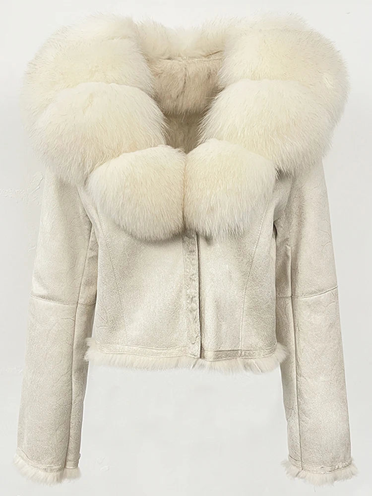 OFTBUY Fashion Short Natural Fox Fur Collar Coat Female New Autumn Winter Fur Clothing Real Rabbit Fur Liner Suede Jacket Women