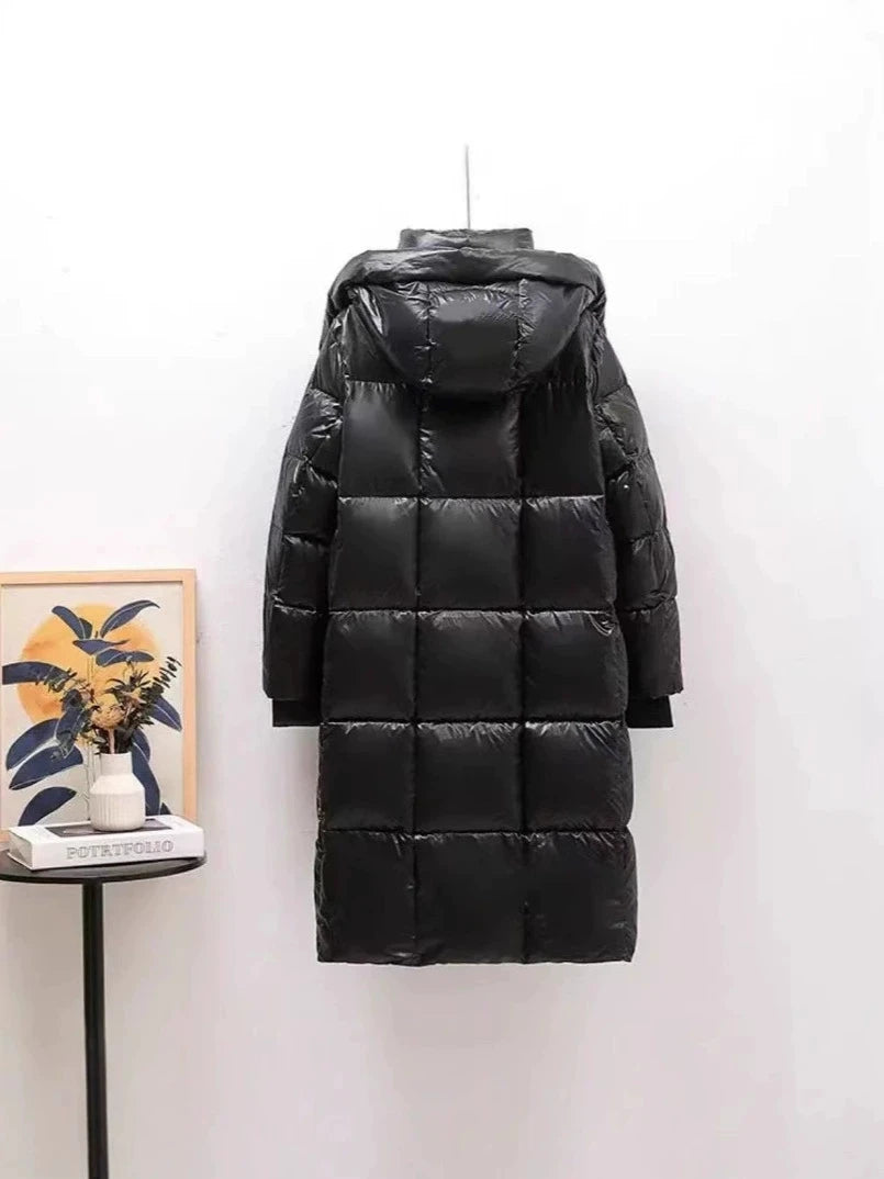 Nuovo stile di piumino invernale per uomo e donna, giacca casual ampia nera per coppie, parka con cappuccio a maniche extra lunghe e spessa