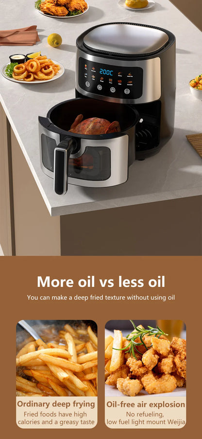 Friggitrice ad aria in acciaio inossidabile da 5 litri, elettrodomestico da cucina elettrico con display LCD e controllo touch screen, senza olio, per casa e hotel