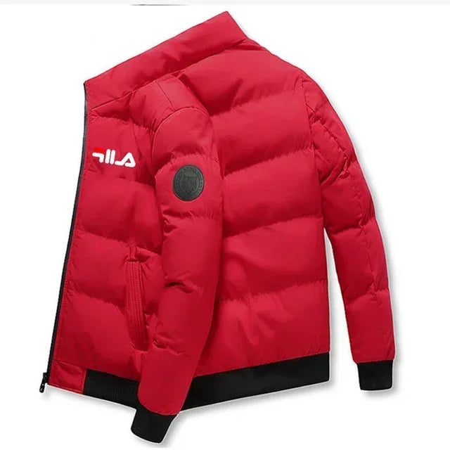 Cappotto corto caldo da uomo Autunno/Inverno 2025, giacca antivento casual stampata con cerniera, ideale per attività all'aperto e stile streetwear.