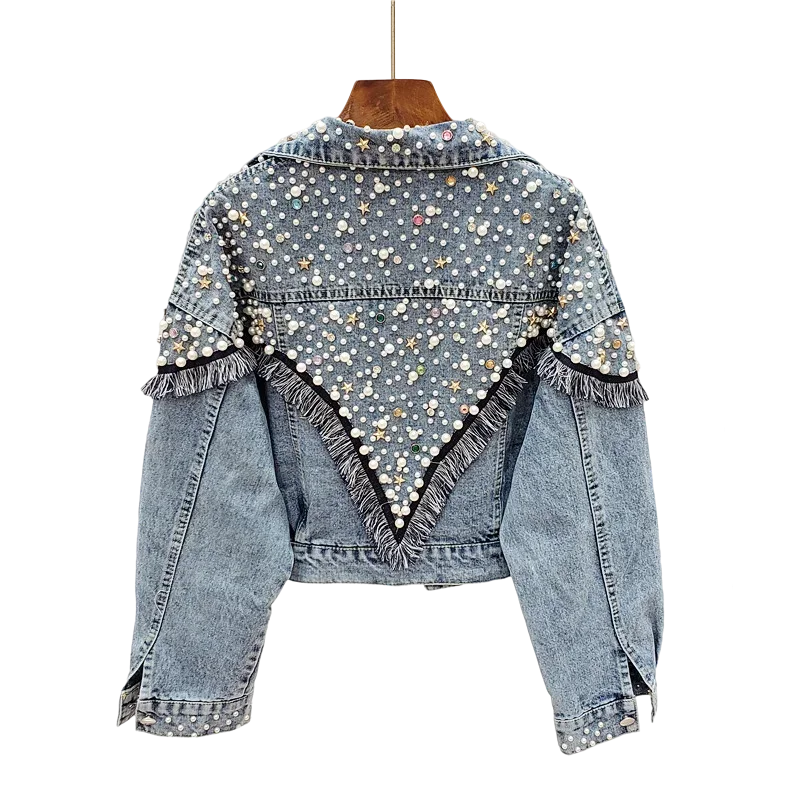 2024 Nuova giacca di jeans da donna primavera autunno streetwear con perle borchiate a mano, punk, nappa, giacca da donna, jeans corti larghi, cappotti