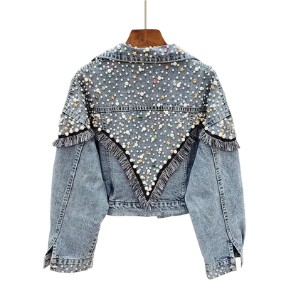 2024 Nuova giacca di jeans da donna primavera autunno streetwear con perle borchiate a mano, punk, nappa, giacca da donna, jeans corti larghi, cappotti