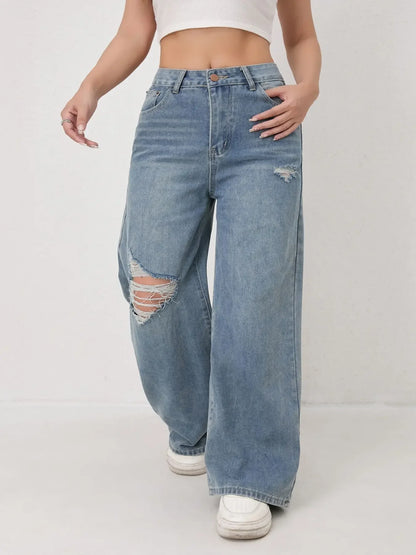 Jeans dritti a gamba larga effetto consumato alla moda per donna, pantaloni in denim casual elasticizzati a zampa d'elefante, bestseller, jeans da donna alla moda