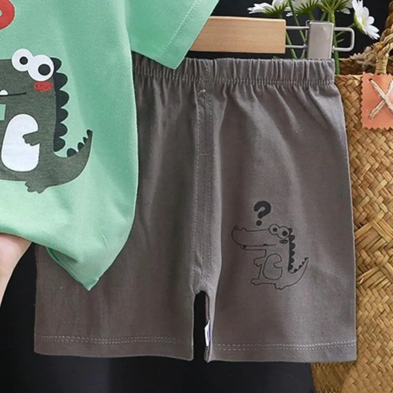 Completo pigiama 2 pezzi maglietta + pantaloncini in cotone con orsetto e dinosauro dei cartoni animati per bambini e bambine, tuta estiva casual per bambini e bambine da 1 a 4 anni