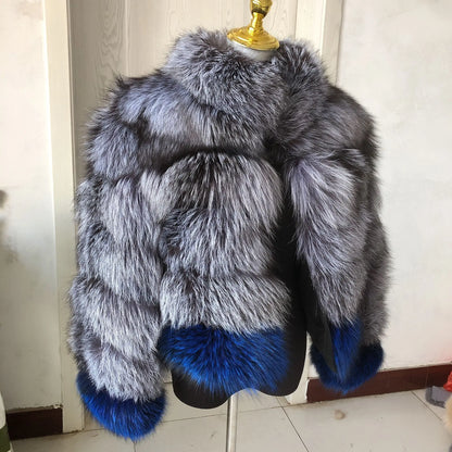 Nuovo cappotto invernale in pelliccia naturale da donna alla moda, con collo misto in volpe argentata, di alta qualità, in vera pelliccia, di lusso da donna