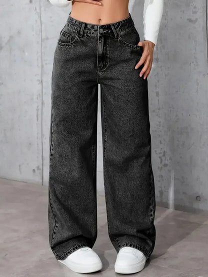 Jeans dritti a gamba larga effetto consumato alla moda per donna, pantaloni in denim casual elasticizzati a zampa d'elefante, bestseller, jeans da donna alla moda