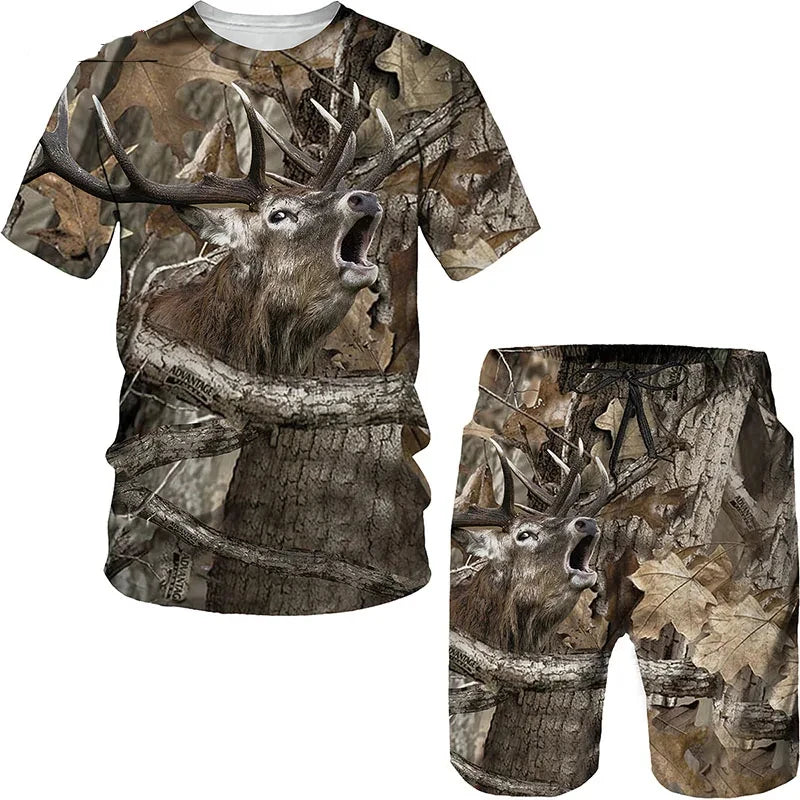 Animal Wild Boar Fox 3D Print 2Pcs set Camouflage Hunting T-Shirt Sets Fashion Men O-Neck Tracksuit Oversized Man Sweatshirt