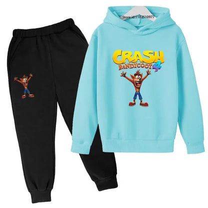 Completo per bambini con felpa con cappuccio e pantaloni a tema Crash Bandicoot, ideale per primavera e autunno, taglie 3-13 anni, abbigliamento casual per bambini e bambine.