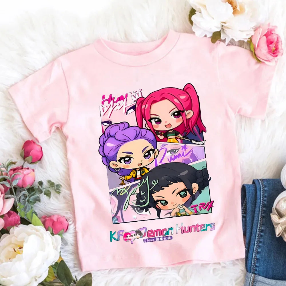 2026 Maglietta per bambine in morbido cotone con stampa del film KPop Demon Hunters - Regali per i fan - Abbigliamento per bambini - Top casual alla moda