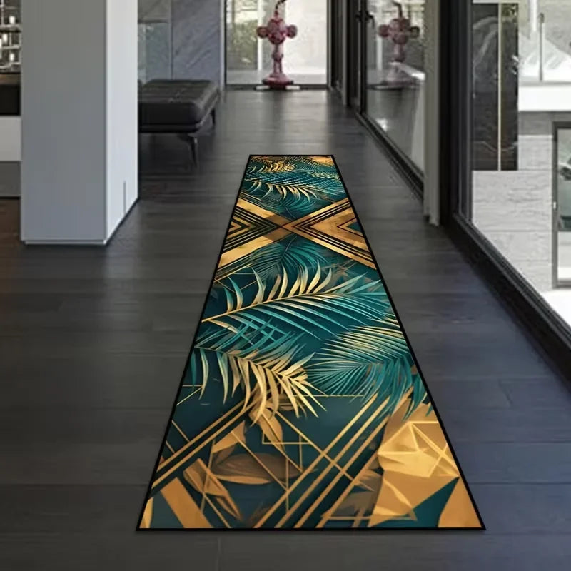 VIKAMA Luxury Tropical Black Gold Runner Rug, Soft Hallway Carpet, Palm Leaf & Geometric Pattern Long Floor Mat Entryway Decor