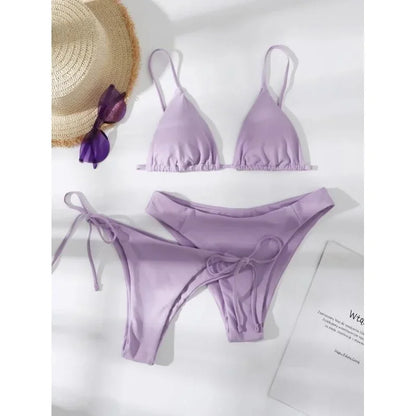 Sexy set bikini a 3 pezzi da donna, tinta unita blu e viola, push-up, a triangolo, costume da bagno brasiliano da spiaggia, costume da bagno bikini