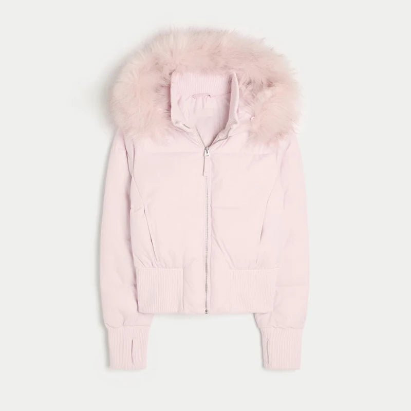 Elegant Fur Collar Hood Belt Long Cotton Jacket Women Zipper Drawstring Waist Parka Down Coat 2025 Winter Lady Warm Chic Outwear