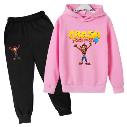 Completo per bambini con felpa con cappuccio e pantaloni a tema Crash Bandicoot, ideale per primavera e autunno, taglie 3-13 anni, abbigliamento casual per bambini e bambine.