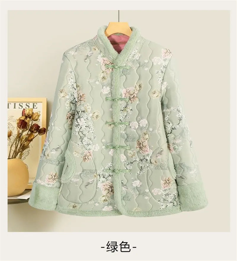 Chinese Cotton-padded Jacket Women's Mother's Wind Coat New Thick Jacket 2025 Winter Female Plus Velvet Retro Buckle Overwear