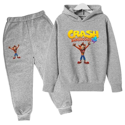 Completo per bambini con felpa con cappuccio e pantaloni a tema Crash Bandicoot, ideale per primavera e autunno, taglie 3-13 anni, abbigliamento casual per bambini e bambine.