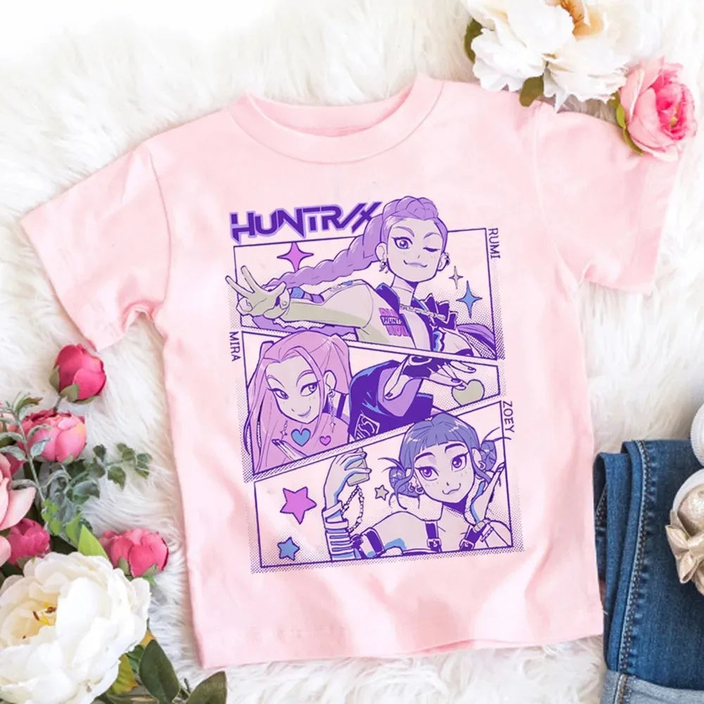 2026 Maglietta per bambine in morbido cotone con stampa del film KPop Demon Hunters - Regali per i fan - Abbigliamento per bambini - Top casual alla moda