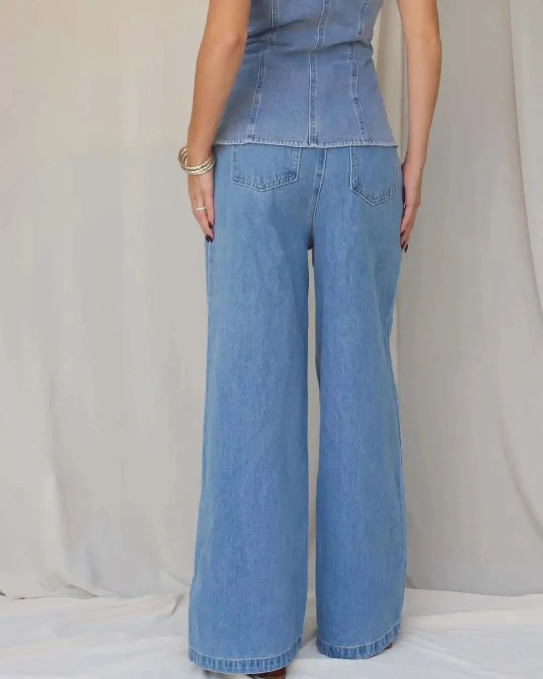 Completo da donna in denim, in cotone, con gilet senza maniche e jeans, tinta unita, stile americano, pantaloni larghi e dritti