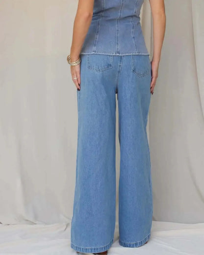 American Style Solid Color Fashion Sleeveless Vest And Jeans Set Straight Leg Wide Pants Women's Denim Outfit Cotton Material