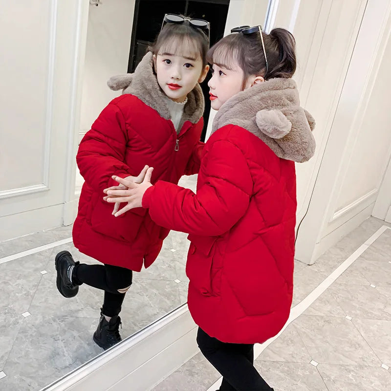 4 5 6 7 8 9 10 11 12 anni Giacca invernale da bambina imbottita Tieni al caldo Simpatico orsetto alla moda Cappotto con cappuccio Piccola principessa Abbigliamento per bambini