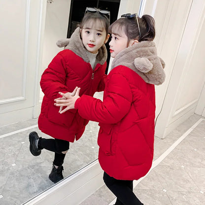 4 5 6 7 8 9 10 11 12 anni Giacca invernale da bambina imbottita Tieni al caldo Simpatico orsetto alla moda Cappotto con cappuccio Piccola principessa Abbigliamento per bambini
