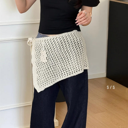 2025 Hollow out Knitted Mini Skirt with Belt Design Covering Hip Women's Layered Fashion Short Skirt Fresh Sweet Style