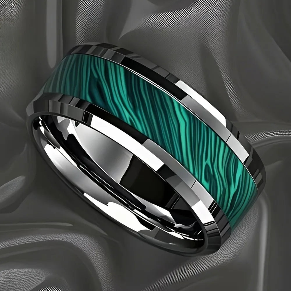 Anelli da uomo in acciaio inossidabile color argento con intarsio in pietra imitazione pavone da 8 mm, gioielli per matrimonio da uomo, anello in acciaio