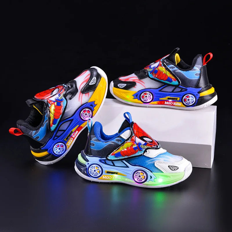 Scarpe casual per bambini con luci LED, motivo cartoni animati, in mesh, autunnali, per sport all'aria aperta, traspiranti e antiscivolo, nere e blu, taglie 21-30.