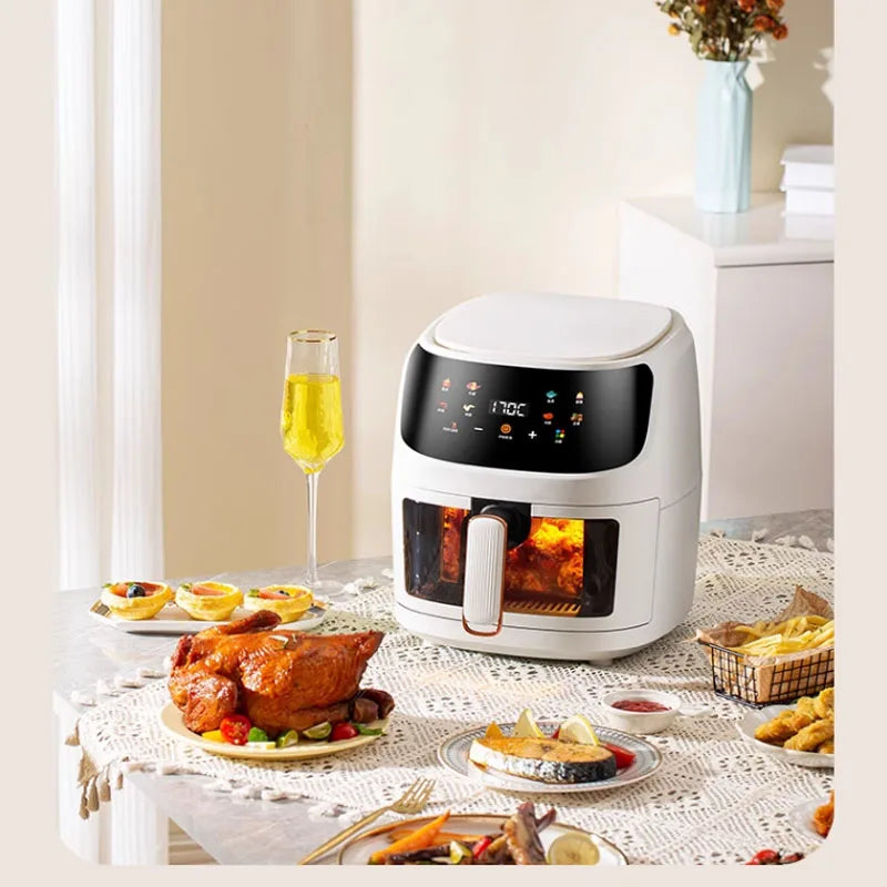 Nuova friggitrice ad aria ad alta capacità in acciaio inossidabile da 8 litri, forno elettrico domestico visivo, multifunzionale, senza olio, per la casa, nero, bianco e verde