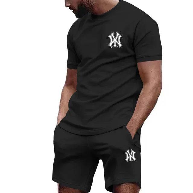 Completo sportivo da uomo a due pezzi 2026, composto da t-shirt a maniche corte e abbigliamento sportivo estivo per corsa e fitness.