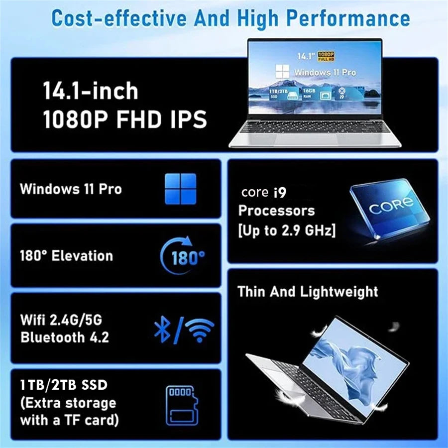 2026 New Core i9-10980HK 14.1 inch Laptop Computer Portable Windows 11 Pro Notebook 16GB RAM 1TB 2TB SSD Office Study Laptops