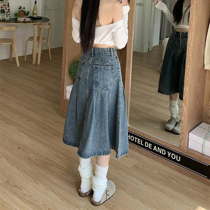 Summer Trendy Designer Lady High Waist Jeans Skirts Women Fashion Vintage Denim Skirts Girls Korean Casual Mid-Long Dress
