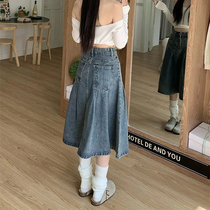 Gonna in jeans a vita alta da donna, alla moda estiva, vintage, stile vintage, per ragazze, casual, stile coreano, lunghezza media.